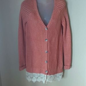 Ultra Flirt Sweater Peach with Ecru lace trim